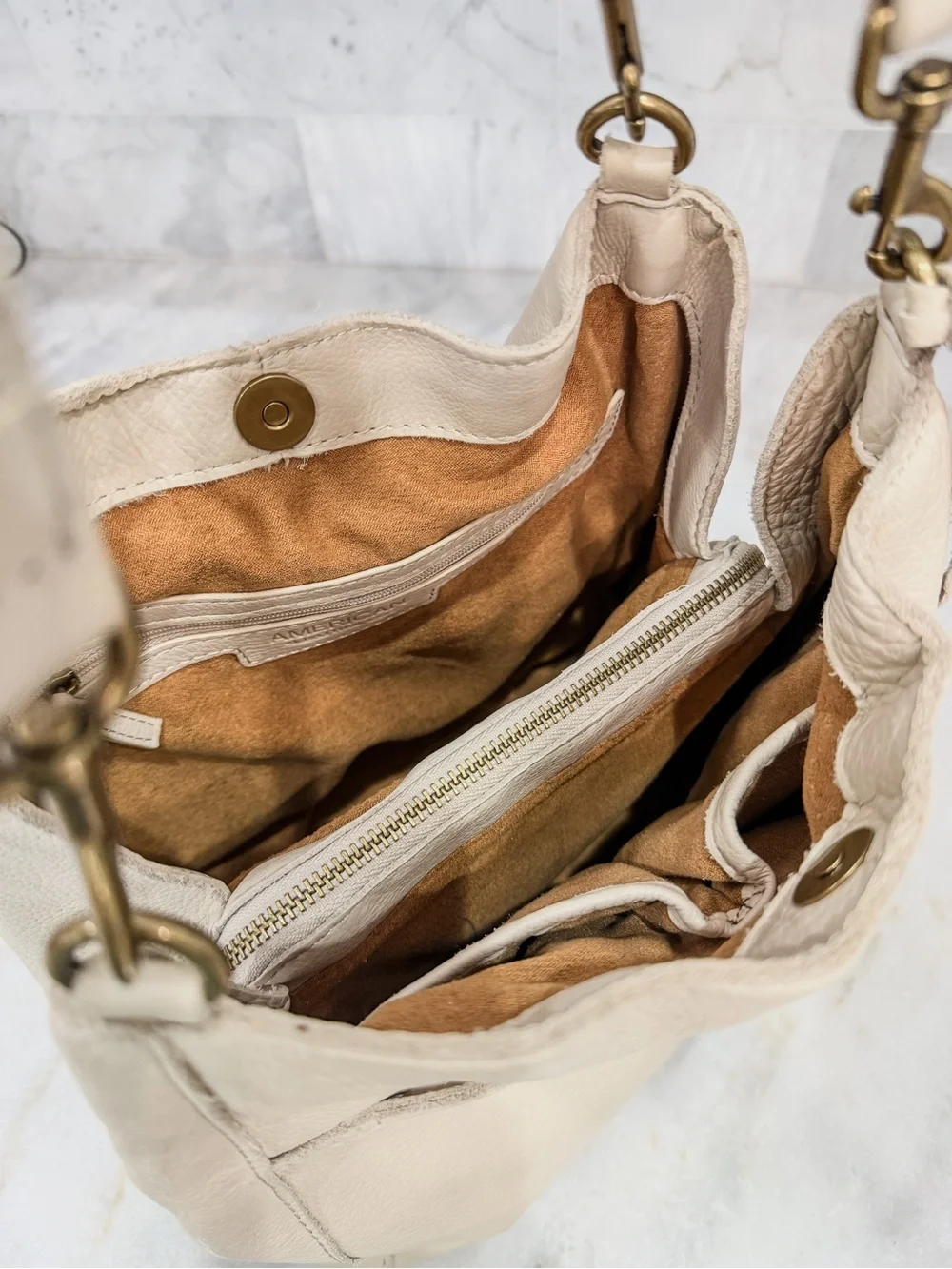 American Leather Co Austin Triple Entry Pebbled Leather Bucket Bag
